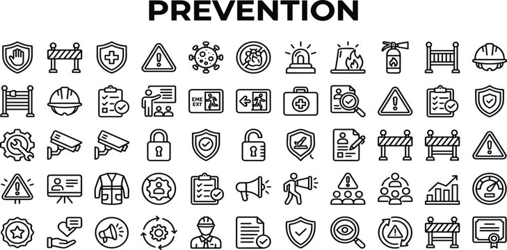 Prevention icon set. Contain icons related to safety, risk, protection, control, awareness, disease, hygiene, and more.