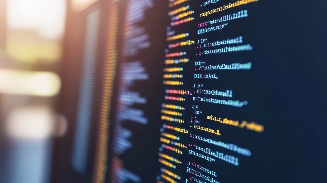 Abstract view of programming code displayed on digital computer monitor screen interface