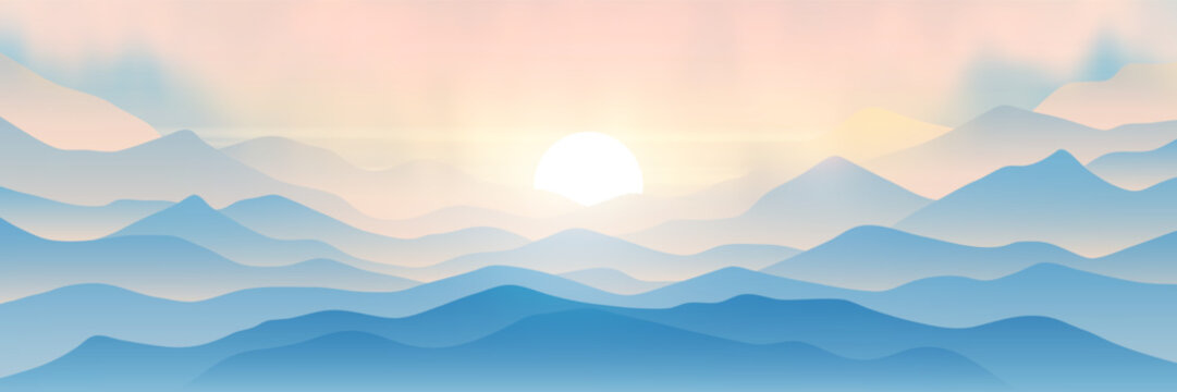 Minimalistic landscape, sunset in the mountains, ridges in the evening light and fog, vector illustration