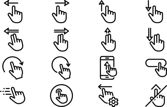 Touchscreen Hand Gestures Icon Set with Swipe Scroll Rotation Tap and Pinch Symbols for Mobile Applications User Interface and Digital Screen Design