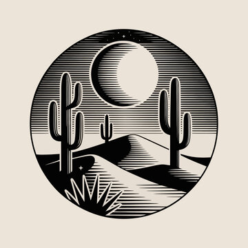 Black and white cactus illustration.