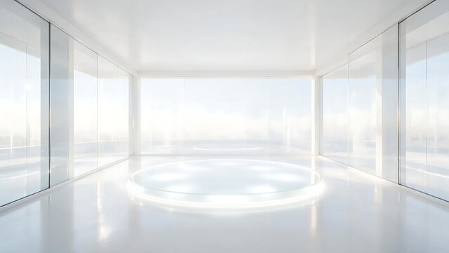 Sci fri luxury minimal white interior with glowing round platform futuristic room with soft light clean glass wall modern city view calm atmosphere elegant space