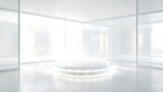 Sci fri luxury minimal white futuristic circle platform glowing in bright glass room modern clean interior concept with soft light reflection and elegant emptiness