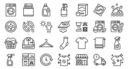 Fototapeta premium Professional Washing Machine and Laundry Service Line Icons Bundle with Detergent and Wash Cycle Symbols