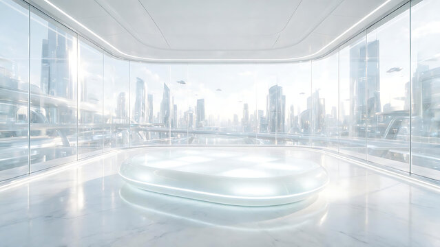 Sci fri luxury minimal interior with futuristic skyline view and bright daylight, sleek white platform on marble floor, glass wall room creates calm elegant atmosphere for modern design concept