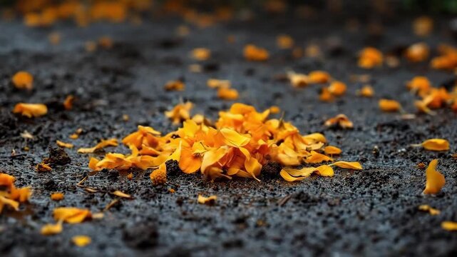 Vibrant orange flower petals scattered on dark, wet ground, a natural autumn scene.