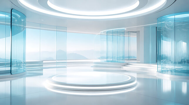 Futuristic interior sci fri luxury minimal white glass clean bright modern future Futuristic interior sci fri luxury minimal white glass clean bright modern future design with circular platform