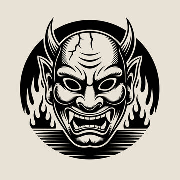 Japanese Hannya Mask with Horns and Flames.