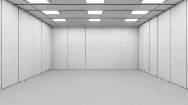 Minimalist white empty room with modern ceiling led panel lights interior design backdrop