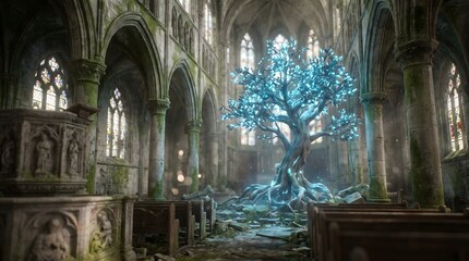 A mystical glowing blue tree growing inside an abandoned ruined cathedral © PT Sandeepa