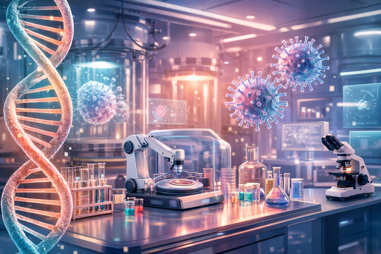 Advanced Biotechnology Laboratory with DNA Helix and Viruses
