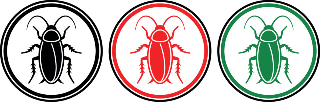 Cockroach pest control icons set and bug warning signs in circles