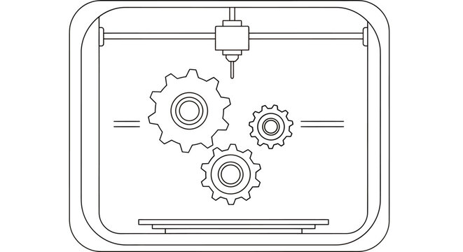 Illustration of a 3D printer producing gears and mechanical components for manufacturing and design.