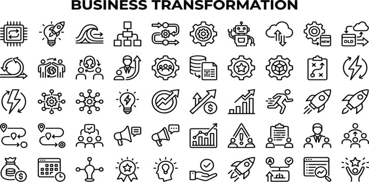 Business Transformation icon set. Contain icons related to Business, transformation, innovation, strategy, growth, optimization, process, and more.