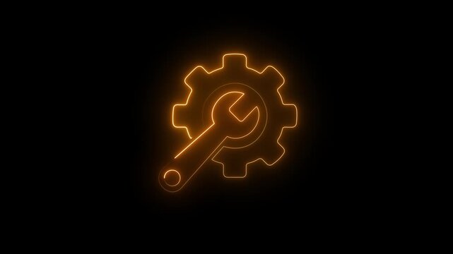 Orange neon line settings icon animation. with gear and wrench on black background for web applications and technical concepts 4k video.