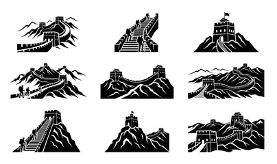 Fototapeta premium great wall china vector landmark silhouette icon set collection featuring ancient asian architecture winding through mountains historic travel destination graphic design elements