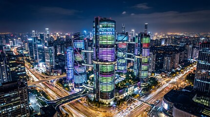 Naklejka premium Vibrant aerial night panorama of a modern metropolis. Illuminated skyscrapers, intricate highways with light trails, symbolizing urban energy and architectural beauty