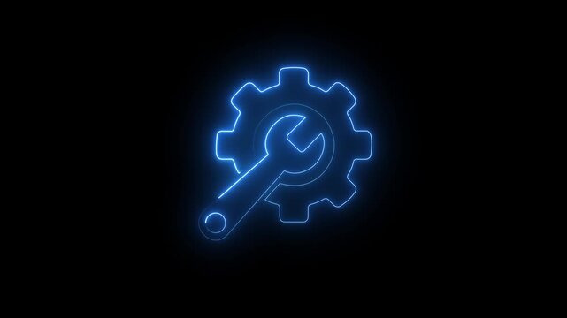 blue neon line settings icon animation. with gear and wrench on black background for web applications and technical concepts 4k video.