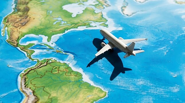 Aerial perspective of a toy airplane soaring over a vibrant world map, symbolizing global travel, interconnectedness, and international journeys across continents and oceans