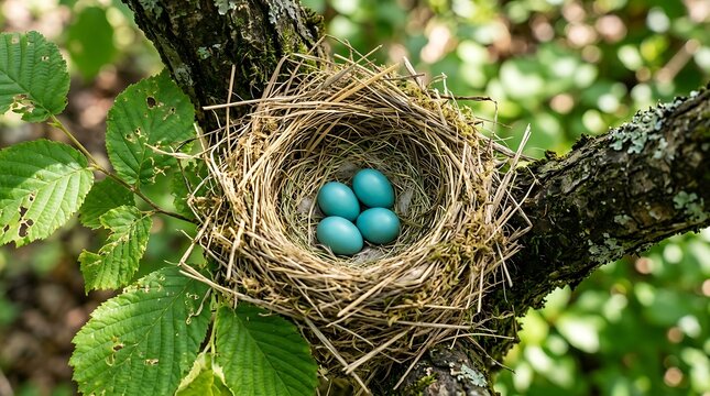 Four bright blue bird eggs in a natural straw nest built on a tree branch in forest during spring season