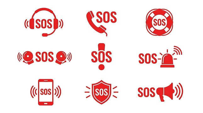 Emergency SOS Help and Support Icons Set Featuring Phone, Siren, Shield and Communication Symbols