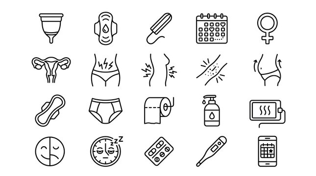 Feminine hygiene and menstrual cycle health line icon set