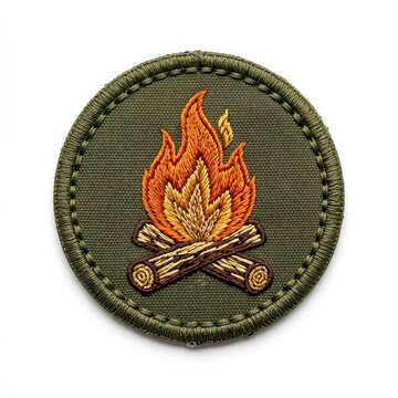 Campfire emblem patch on olive fabric. Wilderness outdoor badge with burning logs and flames for uniforms or gear.