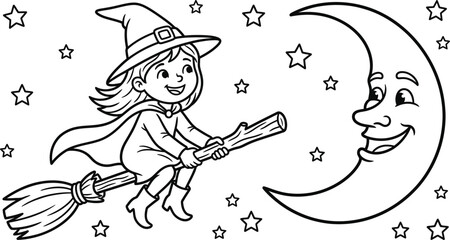 Little witch flying on a broomstick towards a smiling moon coloring page. Cute black and white outline fantasy illustration for kids coloring book, activity page and printable worksheet.