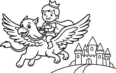 Obraz premium Little prince riding a flying mythical griffin above a royal castle coloring page. Cute black and white outline fantasy illustration for kids coloring book, activity page and worksheet.