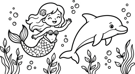 Mermaid coloring page swimming underwater with a happy dolphin, seaweeds and bubbles. Cute black and white outline illustration for kids coloring book, activity page and printable worksheet. © MdMasum