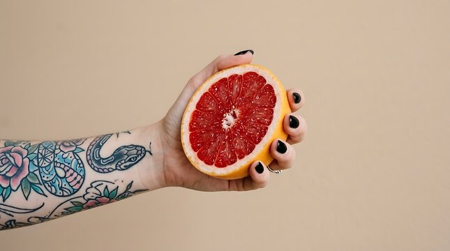 Tattooed hand holding a fresh red grapefruit slice