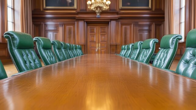 Empty boardroom with wooden table and rows of green leather chairs in elegant office space