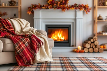 Obraz premium Cozy living room interior with a warm autumn fireplace and fall home decor style