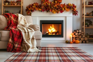 Obraz premium Cozy living room interior with a warm fireplace and autumn fall home decor style