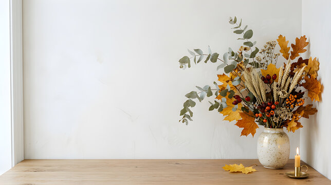 Premium autumn botanical arrangement decorating only one corner with golden leaves, wheat, berries and eucalyptus, minimal luxury composition with generous copy space.