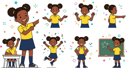 Cute little black school girl character set with space buns hairstyle performing various classroom actions jumping writing on blackboard and studying vector © MstLinaAkter