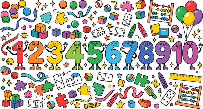 Colorful Cartoon Numbers with Educational Toys, Math Symbols, Puzzle Pieces, Dice, Abacus, and School Learning Elements Vector Illustration Collection