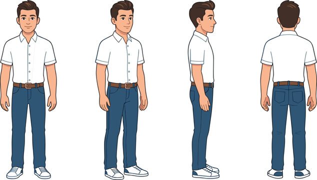 Young man character turnaround sheet showing front three quarter side and back view wearing white shirt and jeans isolated on white background