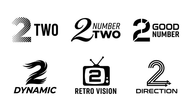 Set of six black and white number two typographic logo icons