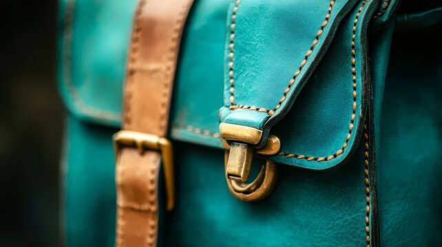 Close up of teal leather satchel bag with brown straps and vintage golden brass metal buckles and stitched detail texture