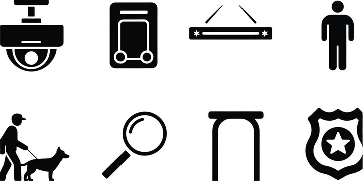 Set of security and surveillance icons, featuring CCTV cameras, security guards, alarm systems, locks, shields, and safety equipment with clean minimalist vector design for monitoring, protection, acc