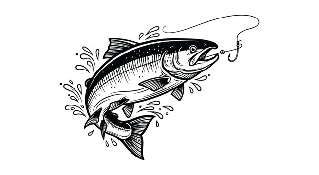 Classic salmon fish artwork featuring detailed engraved linework inspired by traditional woodcut illustrations.