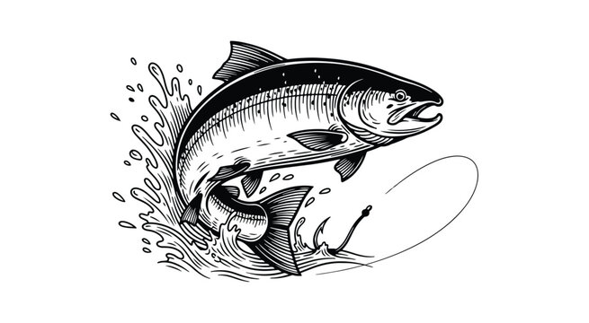 Vintage etched illustration of a salmon fish in an antique woodcut style, perfect for fishing and outdoor themes.