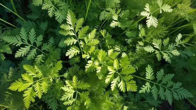 Sunlight shining on vibrant green wild carrot leaves in a meadow