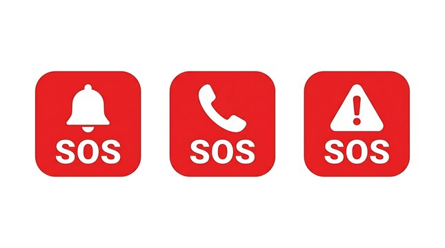Red emergency sos button icons with bell phone and alert symbols