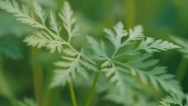 Green wild carrot leaves swaying in a natural outdoor meadow