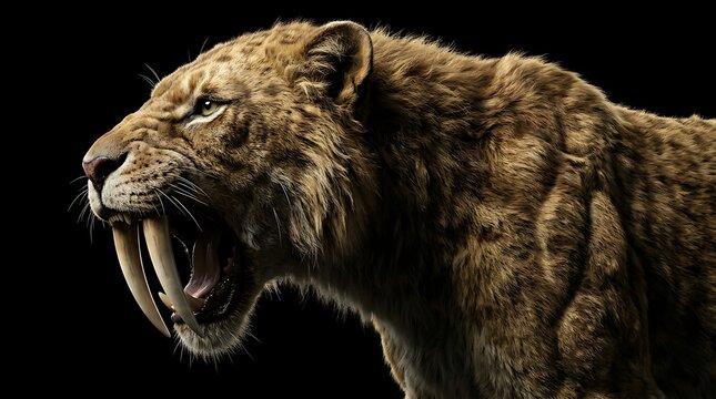Saber toothed tiger snarling with long fangs on black background
