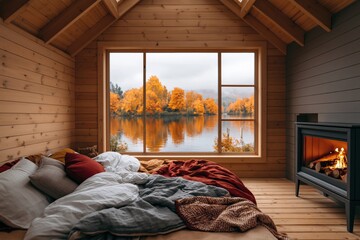 Obraz premium Cozy cabin bedroom interior with a warm fireplace and view of an autumn lake fall