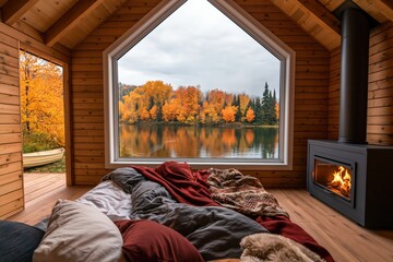 Obraz premium Cabin bedroom interior with cozy fireplace and lake view in autumn nature woods