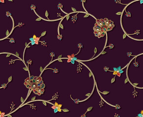 Traditional Indian Kundan Floral Motif Background, Red Festive Ethnic Textile Design © jayanti